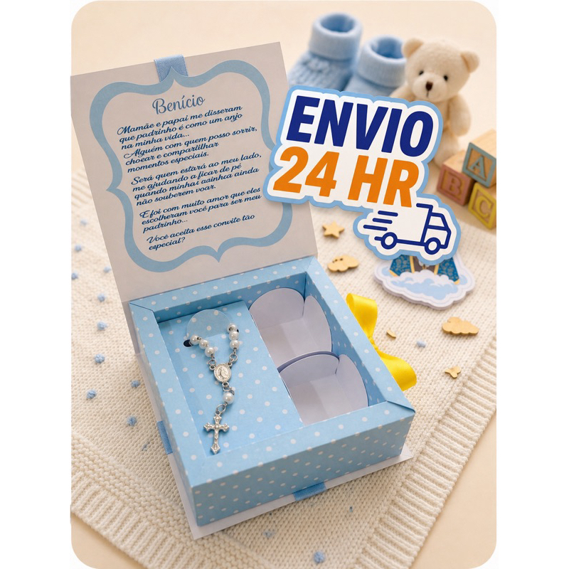 Caixa convite  padrinhos de batismo personalizado  com mini Terço,1 unidade