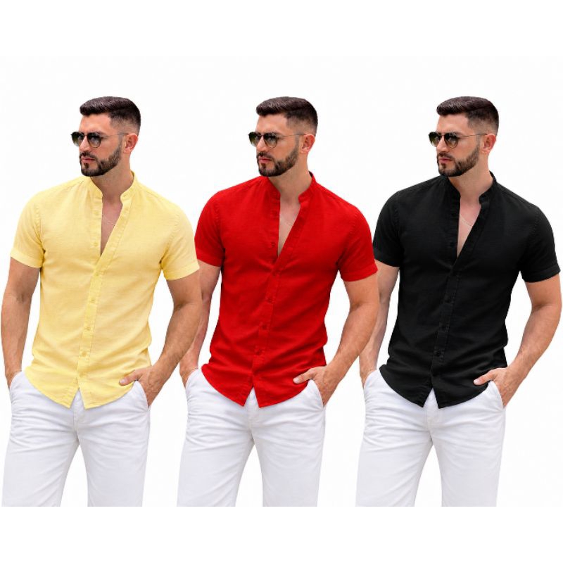 Camisa slim Masculina Manga Curta de Linho Gola Padre Premium | Leve, Elegante e Moderna