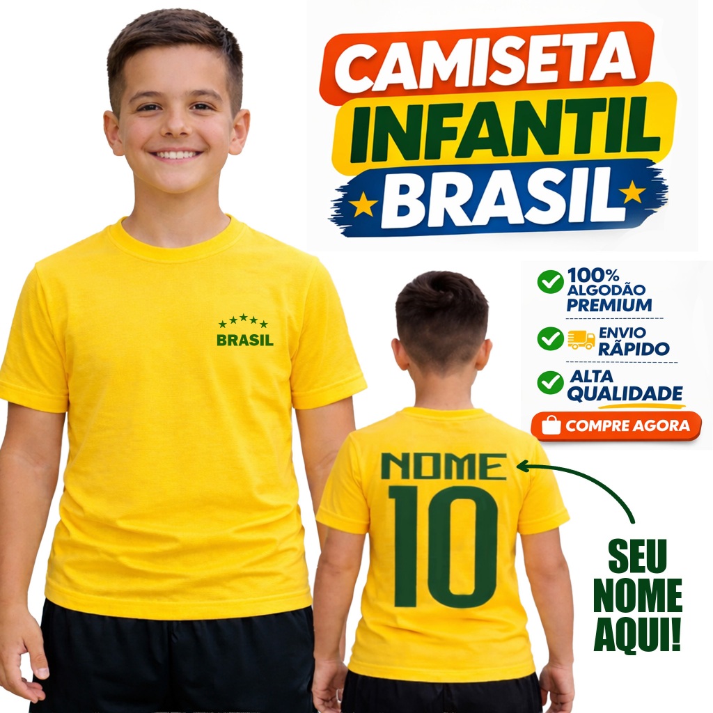 Camiseta do Brasil Infantil e Adulta Nomes Personalizados Torcida Brasileira Unissex