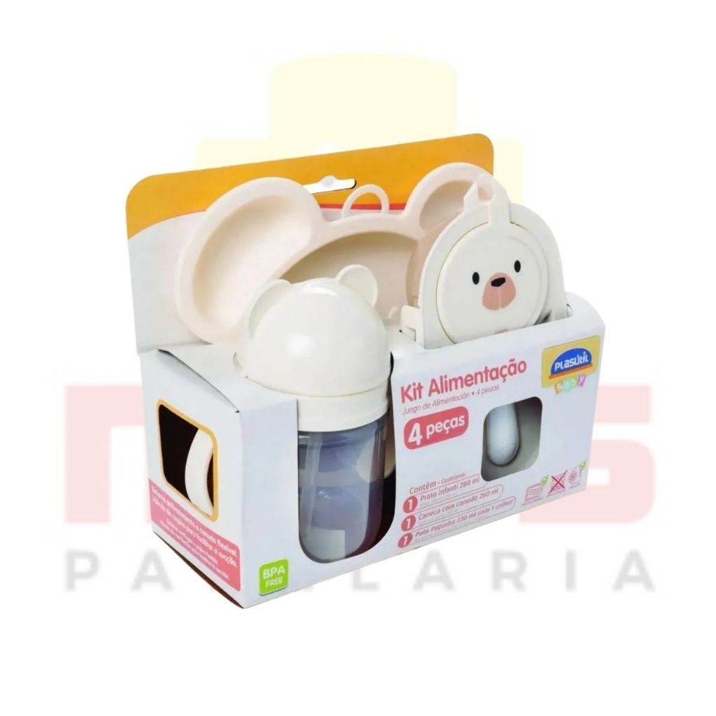 Kit 4 Peças Alimentação Prato Caneca c/canudo Pote Papinha c/colher Ursinho Rosa ou Branco Plasútil Baby