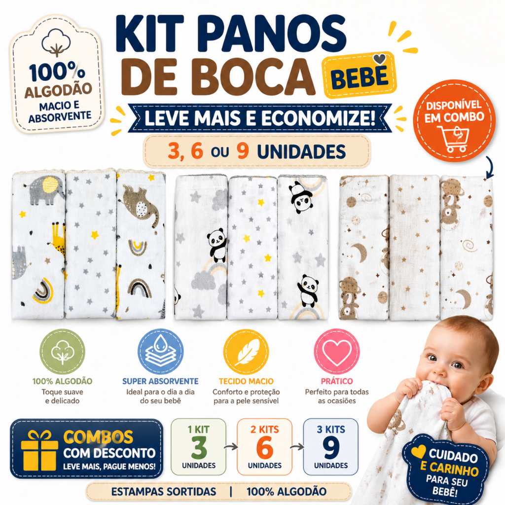 Kit Pano de Boca Bebê 3 6 9 Unidades 100% Algodão Macio Absorvente Incomfral Bublim Petit