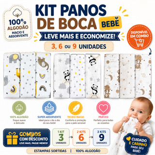 Kit Pano de Boca Bebê 3 6 9 Unidades 100% Algodão Macio Absorvente Incomfral Bublim Petit