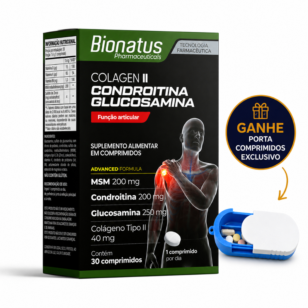 Colagen II Colágeno Tipo II Condroitina Glucosamina MSM 30 Comprimidos + Porta Comprimidos Grátis