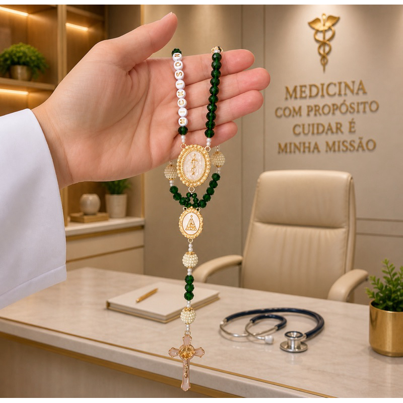 Terço formatura profissão Medicina em cristal verde escuro kit com caixa de presente e organza terço artesanal com nome