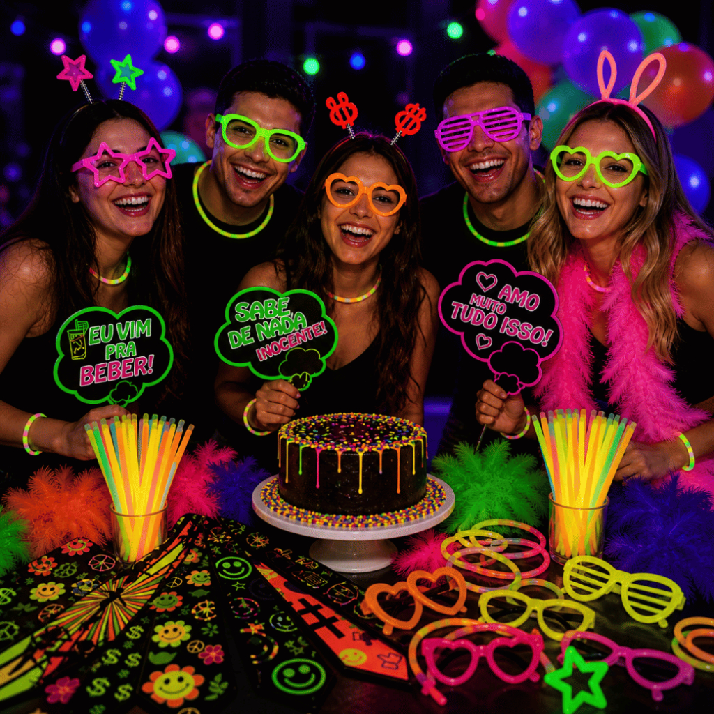 Kit Festa Neon 150 Peças, Pulseiras, Óculos, Tiaras, Gravatas, Plaquinhas, Marabus, Acessórios para Balada - Casamento