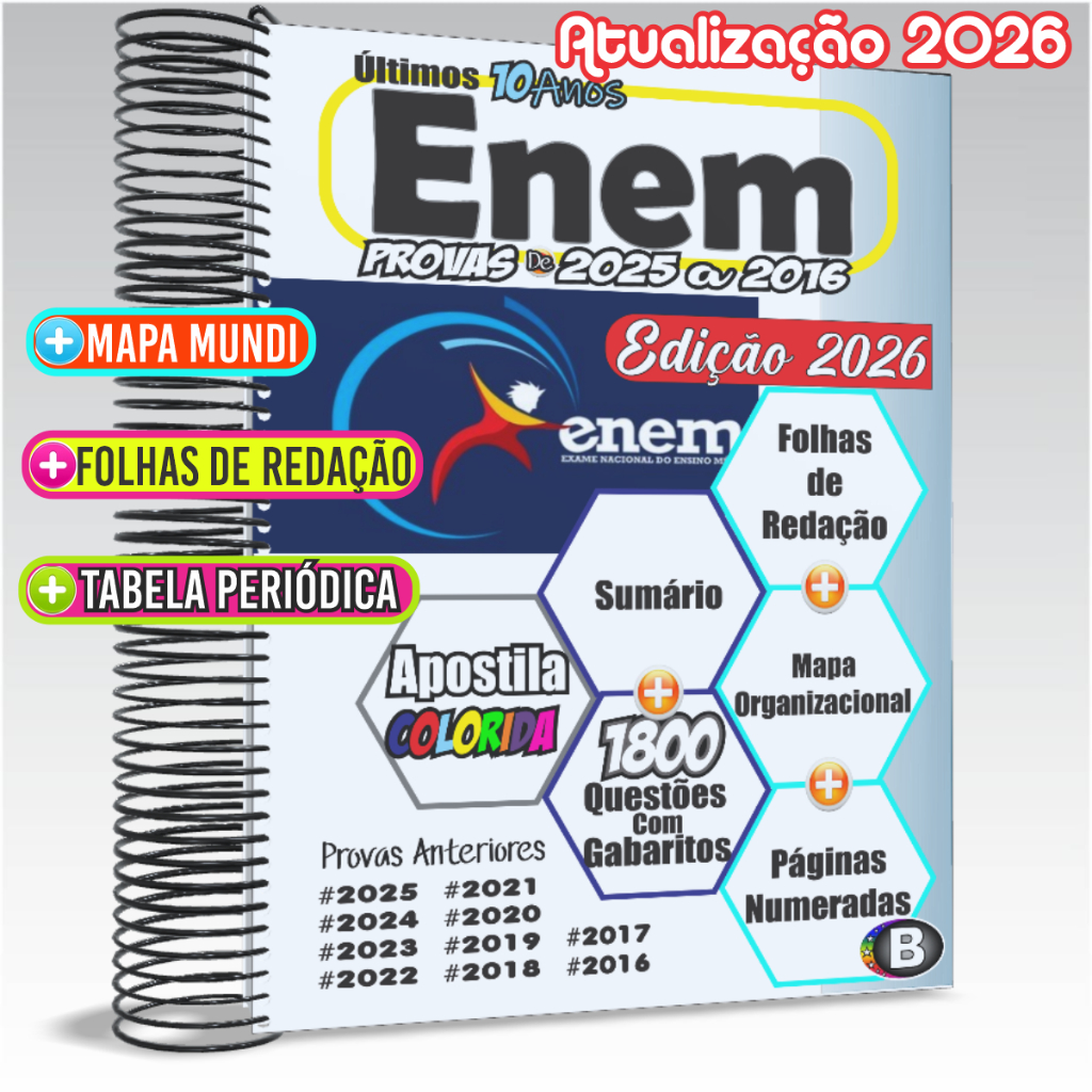 Apostila Enem 2026 Provas E Gabaritos dos Últimos 10, 5 ou 3 anos Com Gabarito Oficial Enem