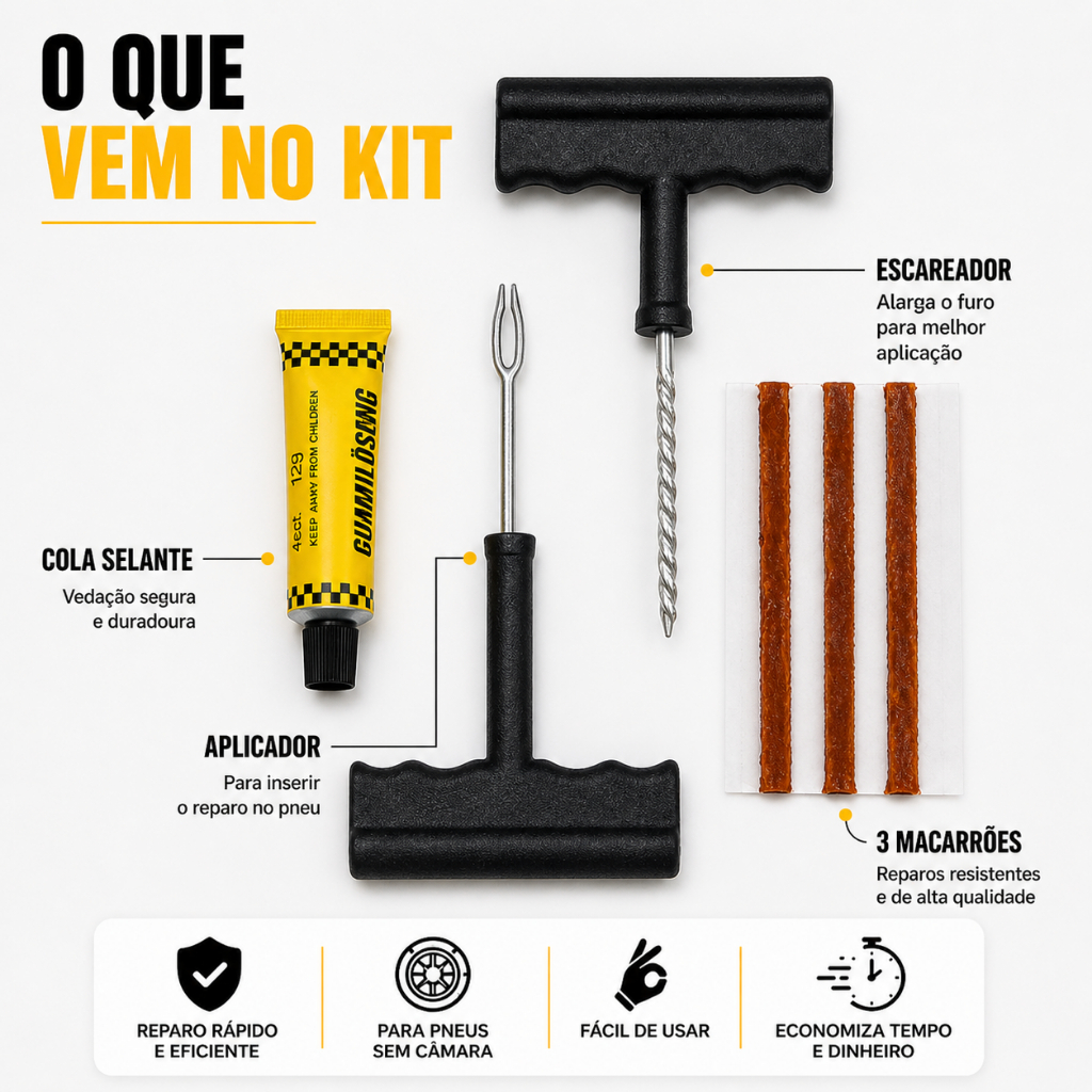 Kit Reparo de Pneu Sem Câmara Carro Moto – Aplicador + Escareador + Cola + Macarrão Emergencial — imagem 2 de 2