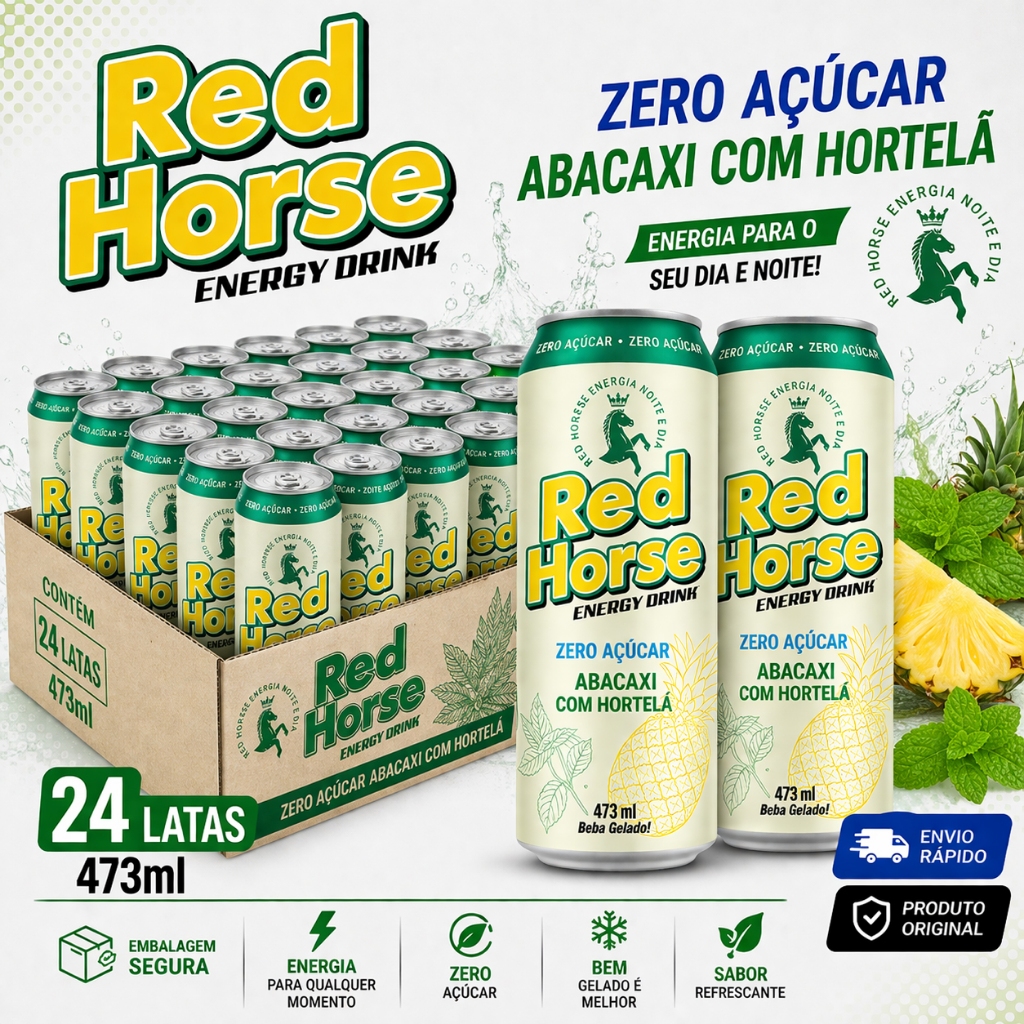 Red Horse Zero Açúcar Abacaxi com Hortelã 473ml Pack 6 12 24 Latas Energético Original