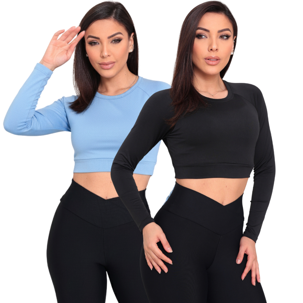 Kit 2  Cropped Feminino Fitness Manga Longa Academia Leve Confortável Com Proteção Uv