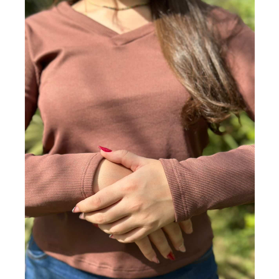 Blusa Quente Cacharrel Feminina Gola V Ribana Flanelada Manga Longa Térmica Canelada Qualidade Premium Segunda Pele