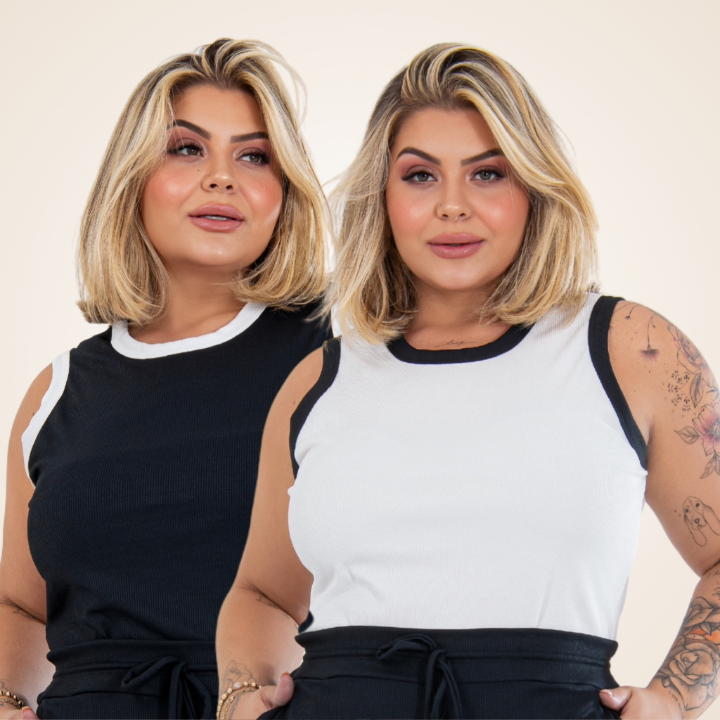 Kit 2 Regatas Blusa Plus Size Feminina Bicolor Canelado Alta Elasticidade Zero Transparência Até G4