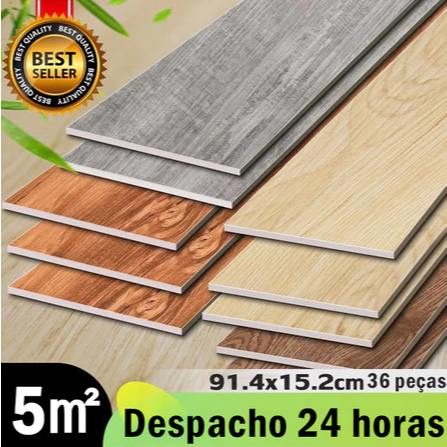 Kit 36 Placas Adesivas Autocolantes p/ Piso Estilo Madeira 91,4 cm x 15,2 cm cobertura 5m²