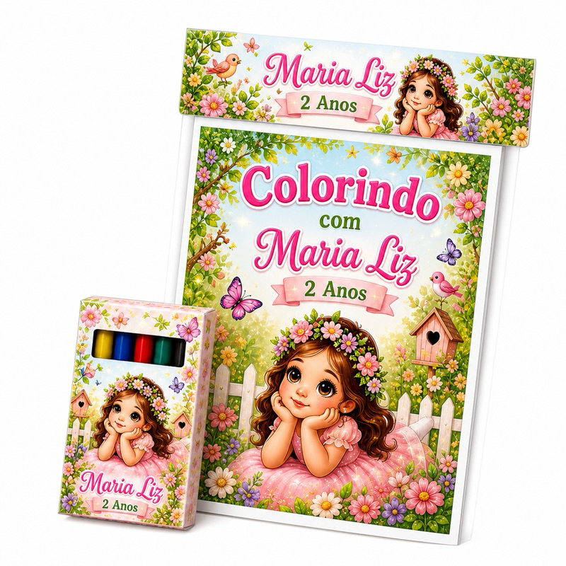 Kit 10 Lembrancinhas Jardim Encantado Kit Colorir Personalizados Festa Aniversário Infantil Menina (Livro + Giz)
