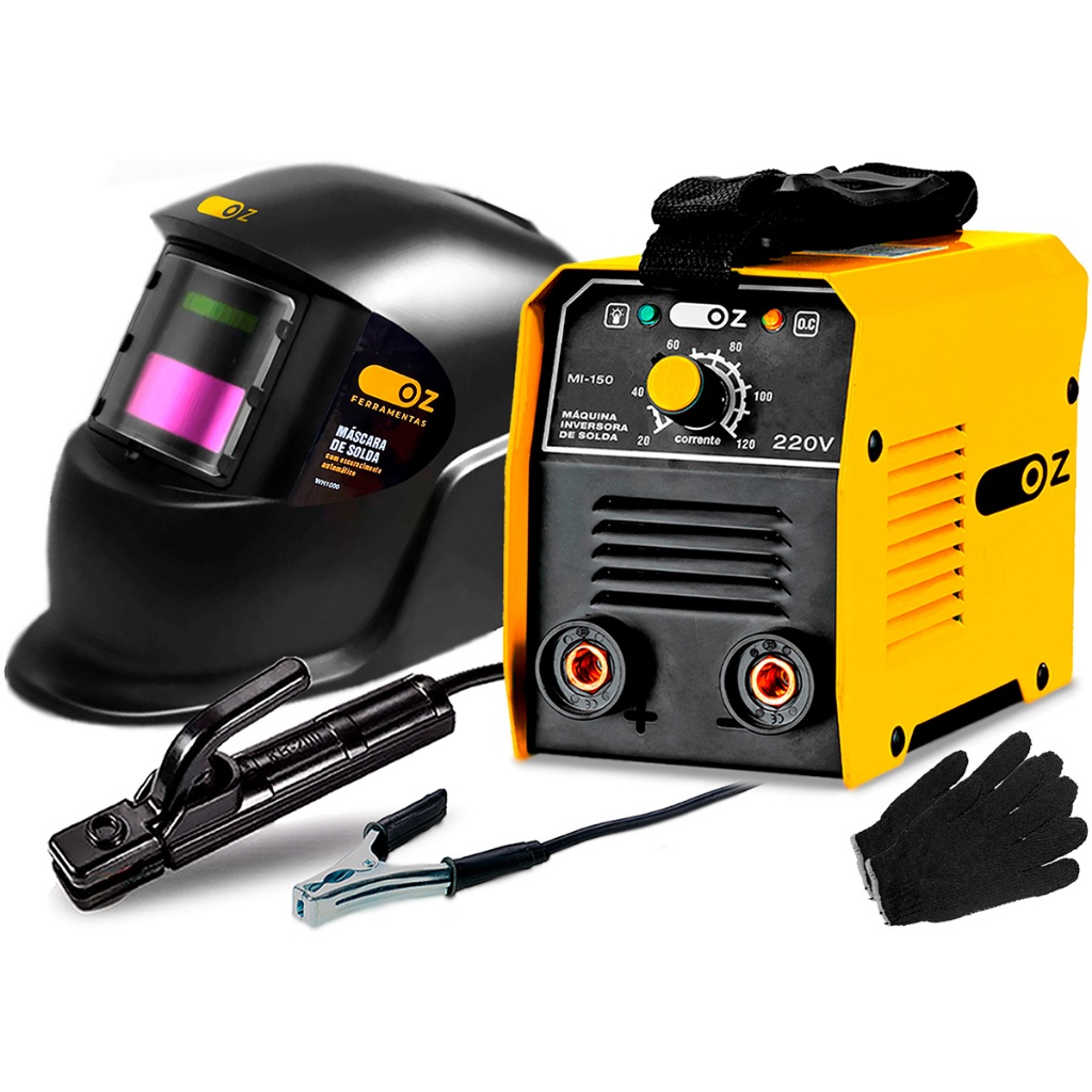 Máquina Inversora De Solda 120a 220v OZ Com Mascara De Solda Automatica E Luva De Pedreiro
