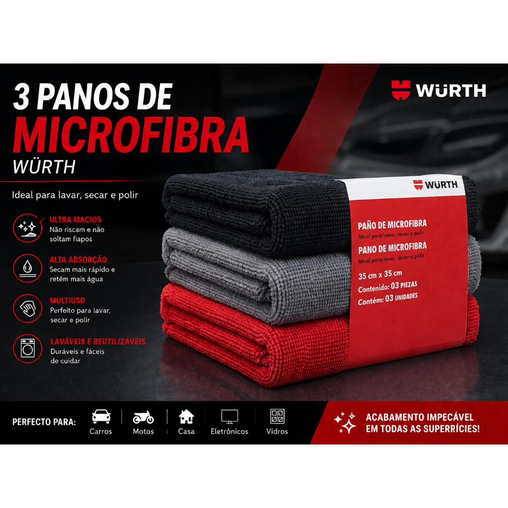 Kit 3 Panos de Microfibra Würth 35x35cm – Alta Absorção, Não Risca, Ideal para Polimento Automotivo