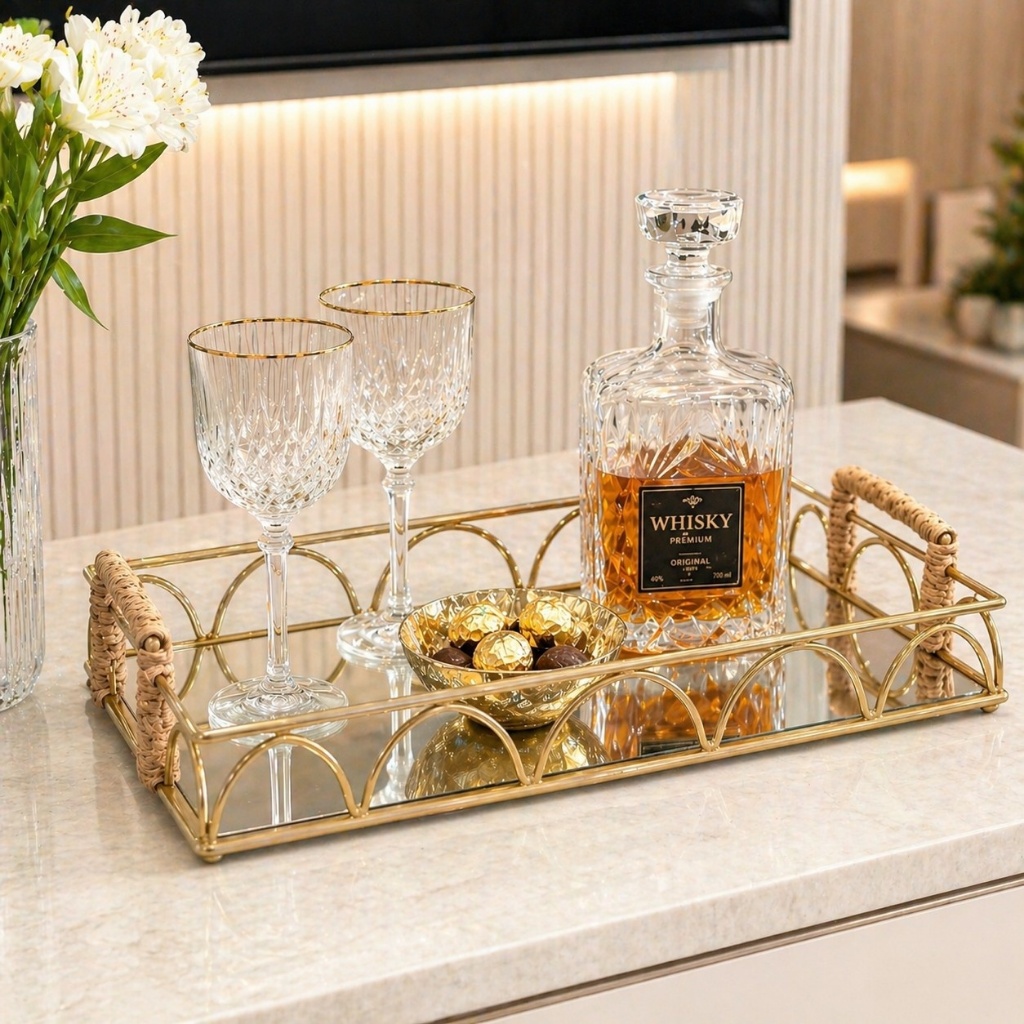 Bandeja Decorativa Dourada Fosca com Espelho Luxo Sala Banheiro Café Aparador Moderna