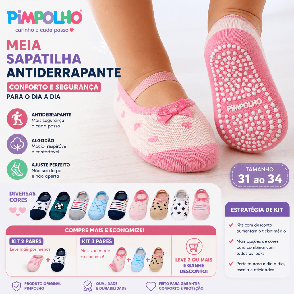 Meia Antiderrapante Infantil 31 ao 34 Tipo Sapatilha Pimpolho Conforto e Segurança