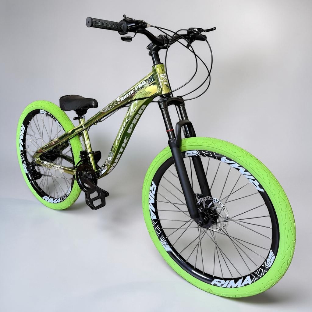 Bike Aro 26 PRO-X Freeride Verde Cromo Rodas Rimaxx 21 Marchas Downhill Freio a Disco Pneu Flame Tipo Hupi Naja Grau