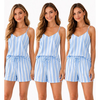 Cj Blusa Feminino Alça Fina Short Confortável Moda Casual listra