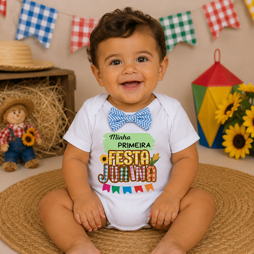 Body Bebê Temático Junino Menino Minha Primeira Festa Junina Infantil Body Mesversário Junino Menino