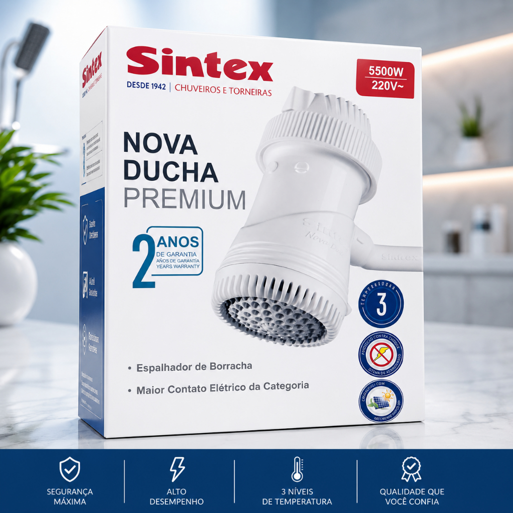Chuveiro Elétrico Sintex Nova Ducha Premium 5500W 220V - 3 Temperaturas + Espalhador de Borracha (Garantia 2 Anos)