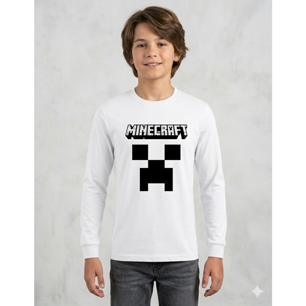 Camiseta Manga Longa Minecraft Infantil Blusa De Frio Menino Menina Creeper Gamer Geek Premium