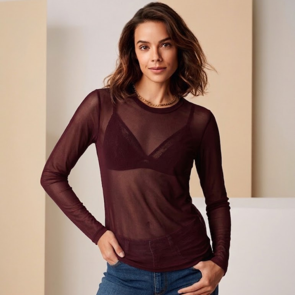 Blusa Feminina Manga Longa Tule Transparente Segunda Pele Plus Size Balada Festa Treino
