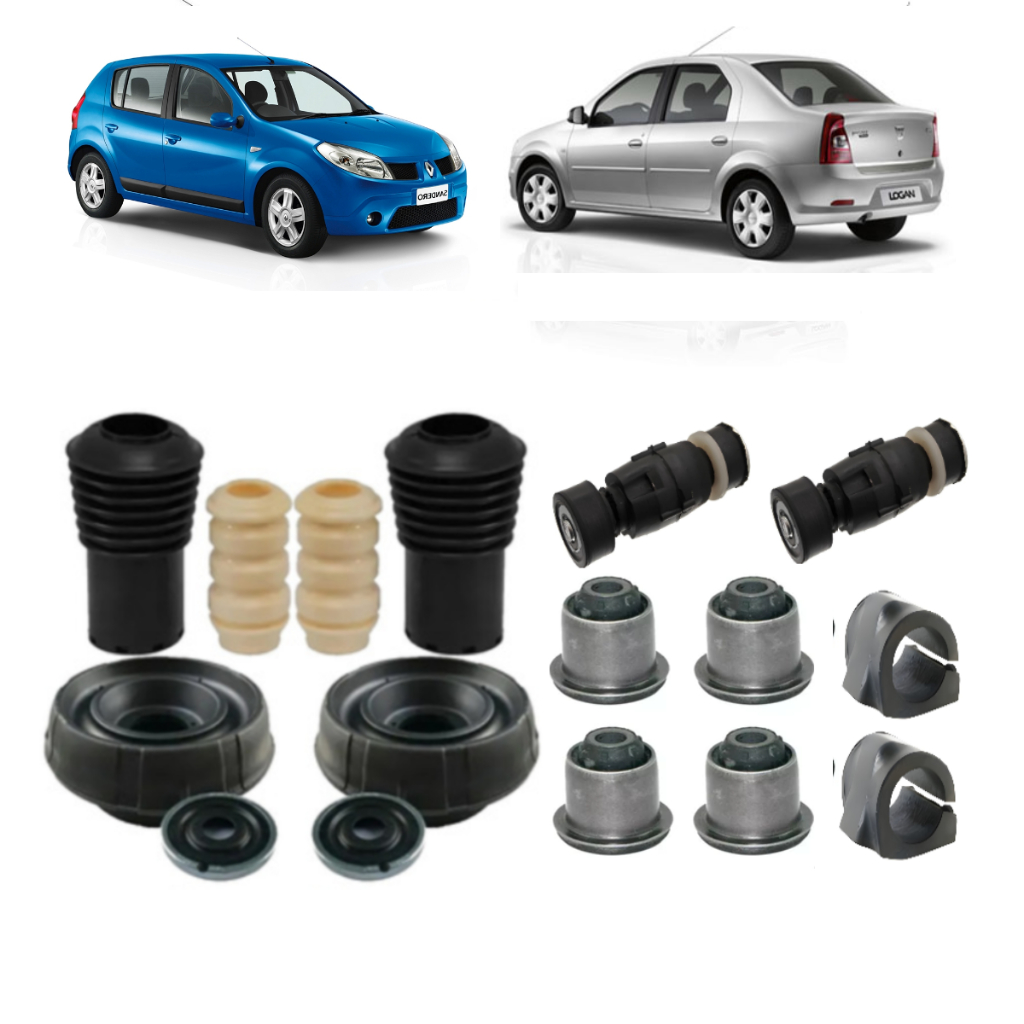 Kit Coxim Rolamento Batente + Bieletas E Buchas Do Amortecedor E Suspensão Dianteira Logan Sandero 2008 Ate 2014