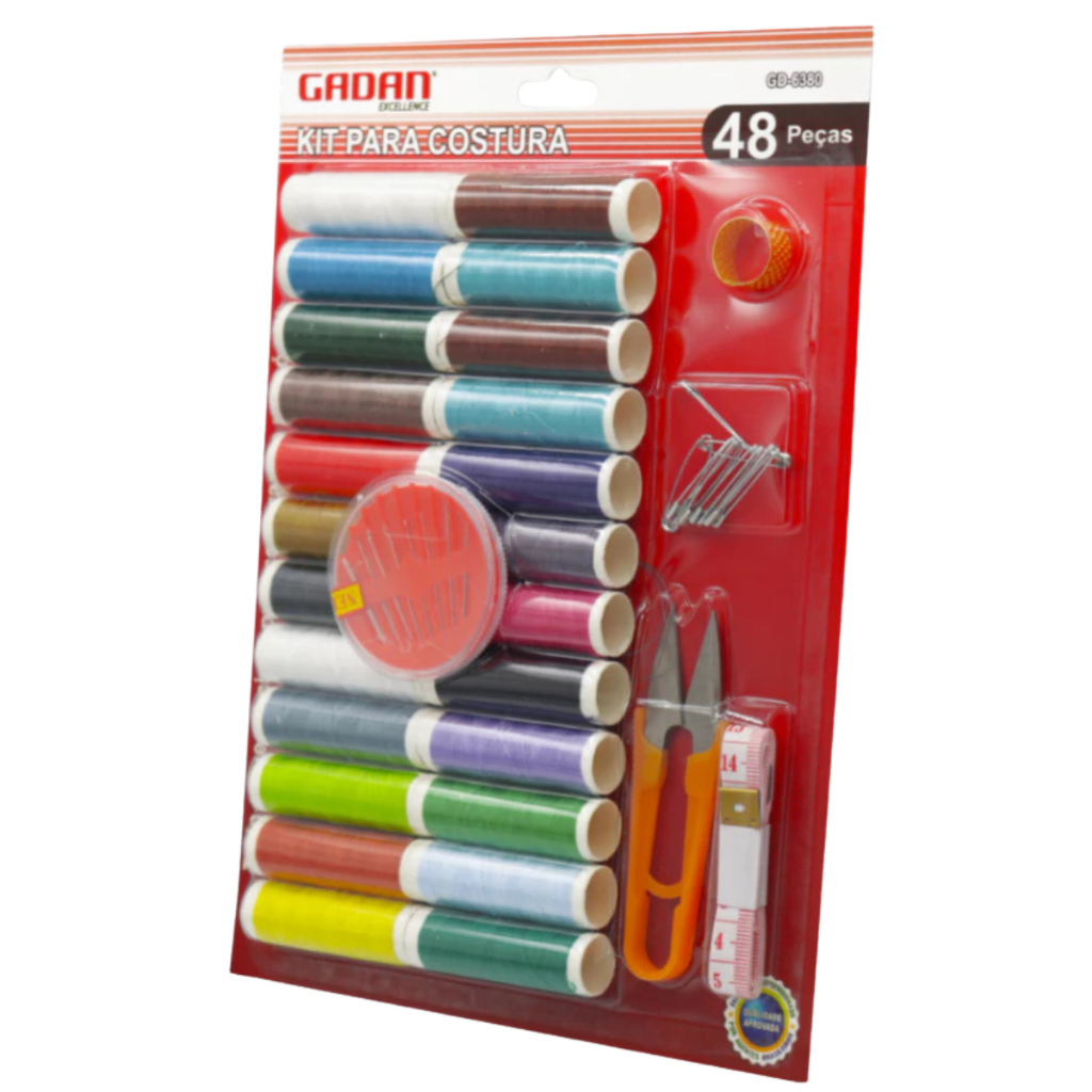 Kit Costura Completo 48pçs Multifuncional Linha Agulha Tesourinha Dedal Fita Métrica Alfinetes