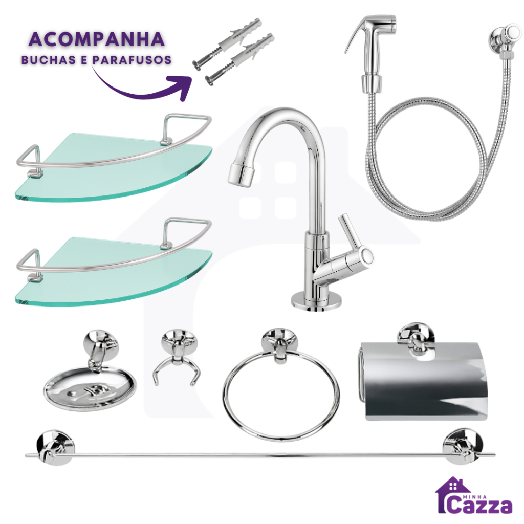 Kit de Banheiro Acessórios para Banheiros 9 peças com 2 Porta Shampoo Ducha e Torneira Kit Completo