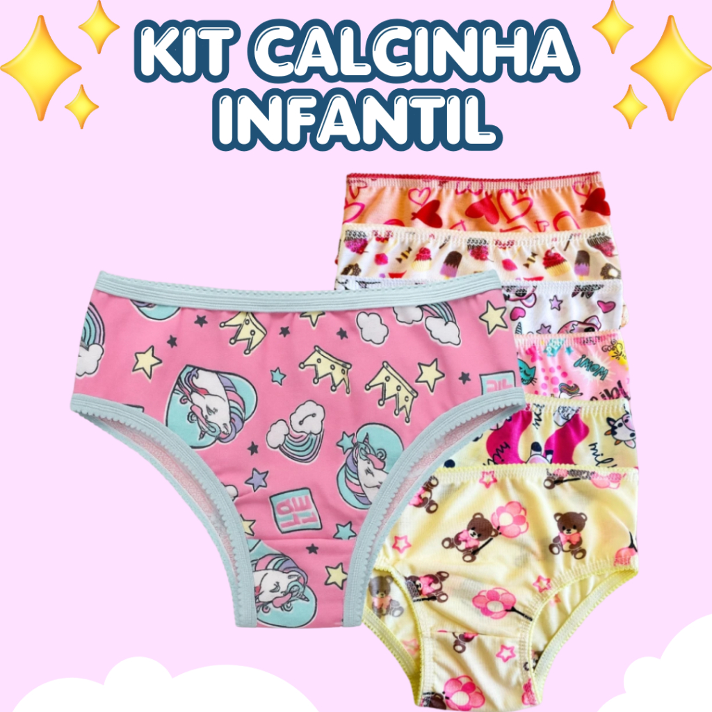 Kit 12 Calcinhas Infantil Menina Peças Algodão Macio Estampas Cores Sortidas Tanga Juvenil