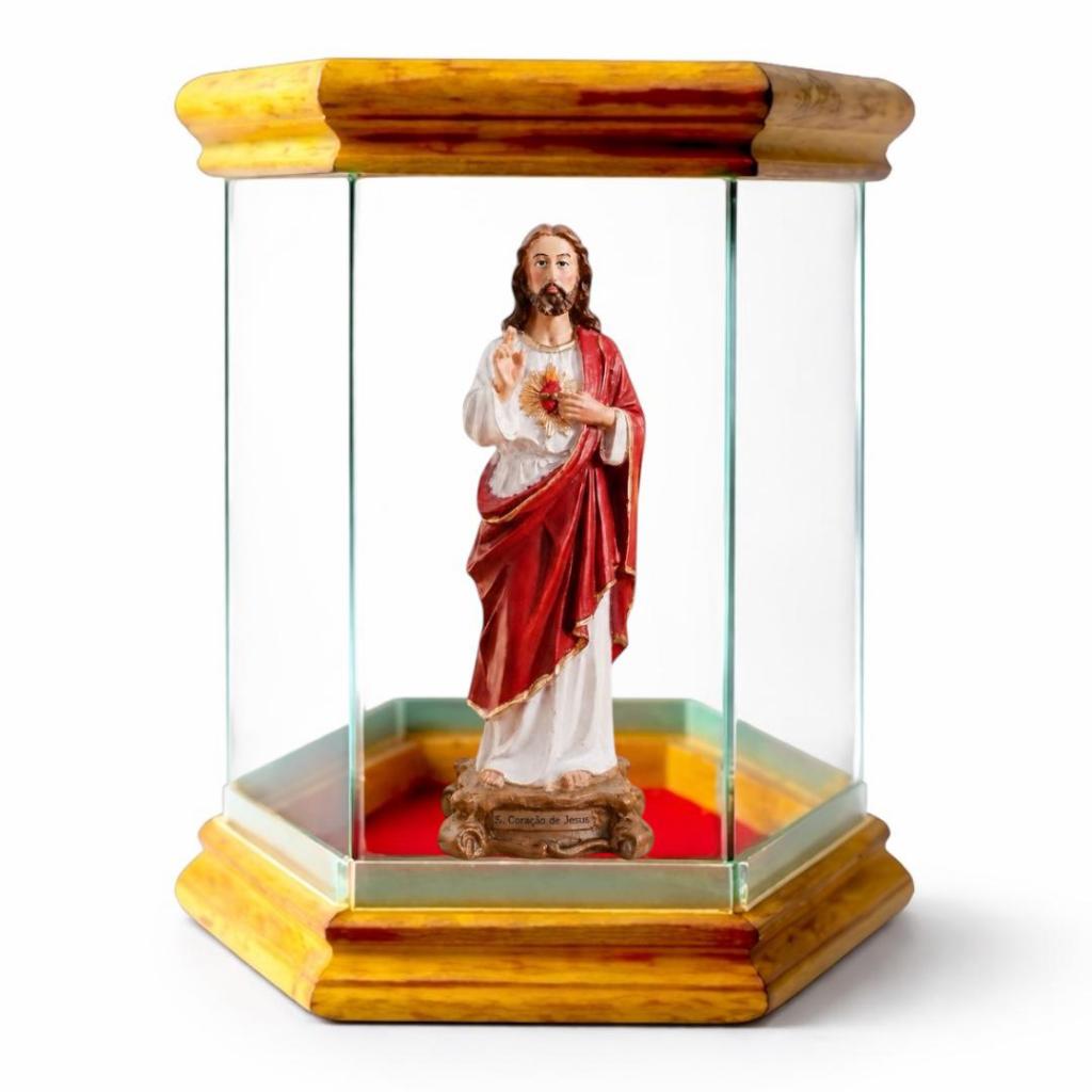 Imagem Sagrado Coração De Jesus 15cm Resina com Redoma Oratorio Capela de Vidro