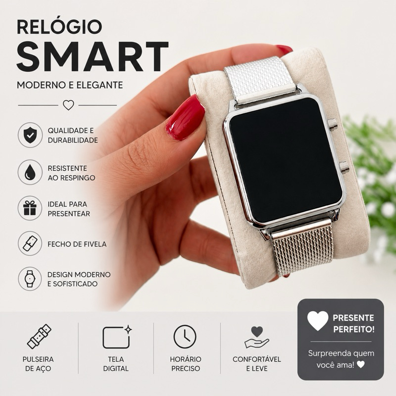 Relógio Feminino Digital Led Luxo Desing Unissex Botão Lateral Resistente a Água