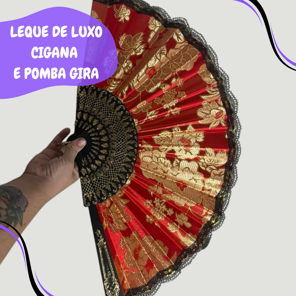 Leque Luxo Grande Bordado Paetê Cigana e Pomba Gira Umbanda Candomblé Jurema Sagrada Quimbanda Sete Saias Dança Cigana