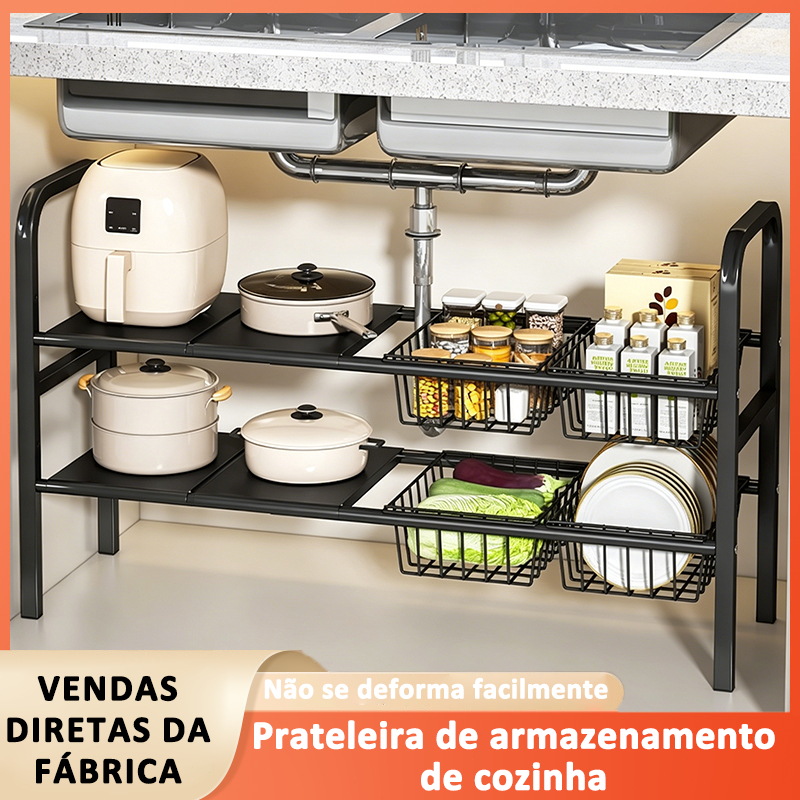 Prateleira Retrátil de Cozinha com Cestos | Aço Resistente para Debaixo da Pia