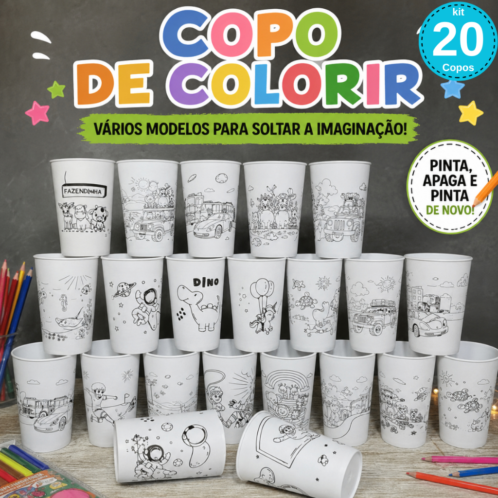 Copo de Colorir 20un Várias Estampas Copo Lembrancinha Aniversário Para Crianças Divertido Educativo