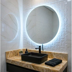 Espelho Redondo 40Cm X 40Cm Lapidado com LED À PILHA ou COM FONTE 12V Ambiente Moderno Decoração