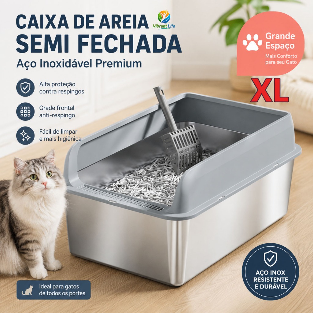 Caixa de Areia para Gato Inox Grande Semi Fechada Anti Respingo com Grade Alta