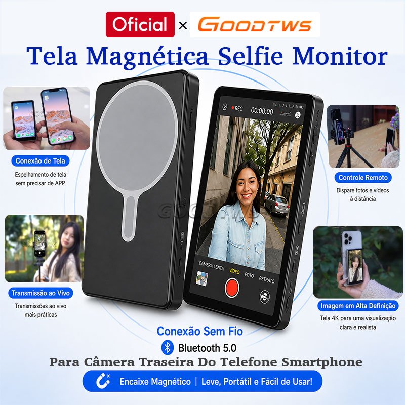 Tela Selfie Magnética de Sem Fio Monitor Espelho Celular Câmera Vlog Gravação 4k HD Monitor Screen