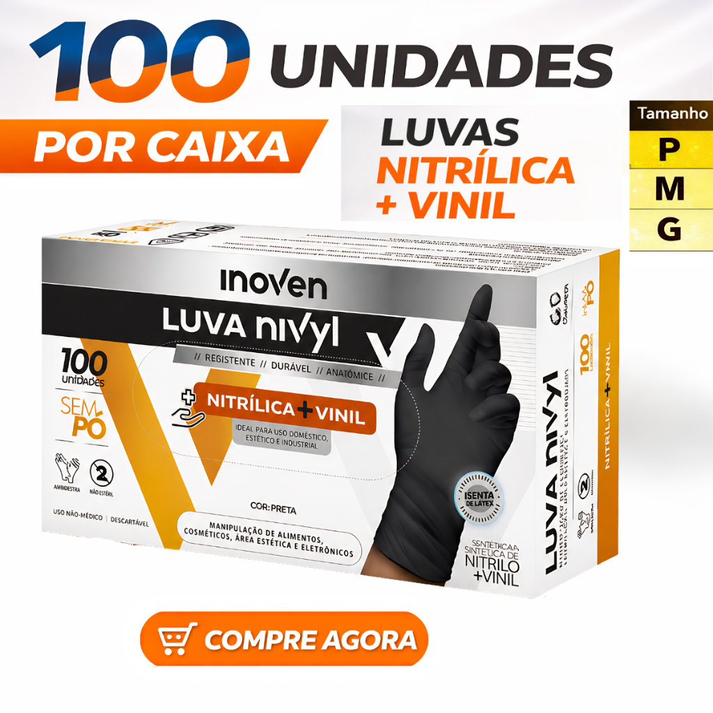 Luva Vinil Preta Descartável Sem Pó Resistente 100 Unidades Para Uso Profissional Nitrilica Nivyl