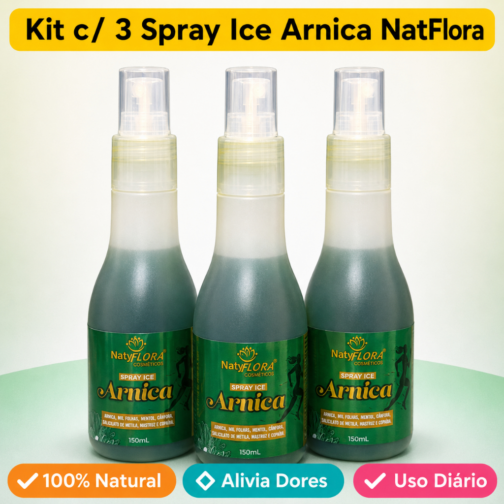 Kit 3 Spray Ice Arnica NatyFlora Alívio Rápido Dores Musculares Efeito Esquenta/Gelado