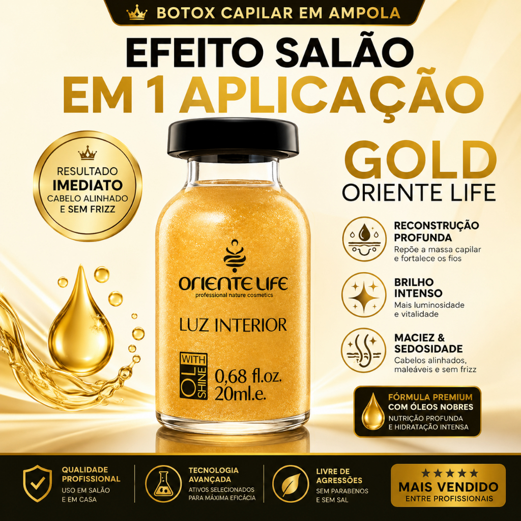 Ampola Capilar Botox Gold Oriente Life 20ml Reconstrução Profunda Hidratação Brilho Anti Frizz