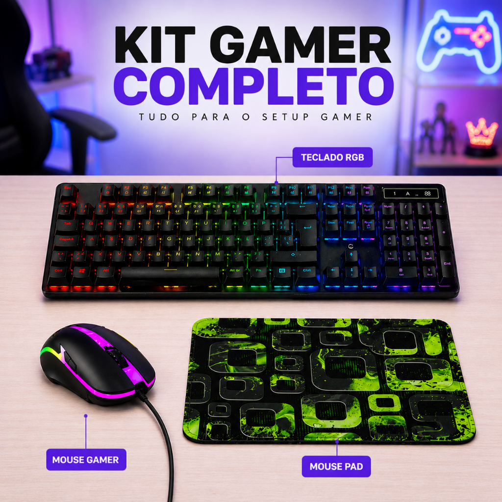 Kit Gamer Teclado Semi Mecânico RGB Mouse Óptico RGB Mouse Pad Profissional PC Xbox PS5 Notebook