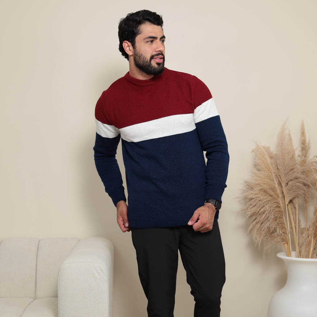 Suéter Masculino de Frio Tricô Listrado Elegante Manga Longa Inverno Blusa Lã Tricot Elegante Moda