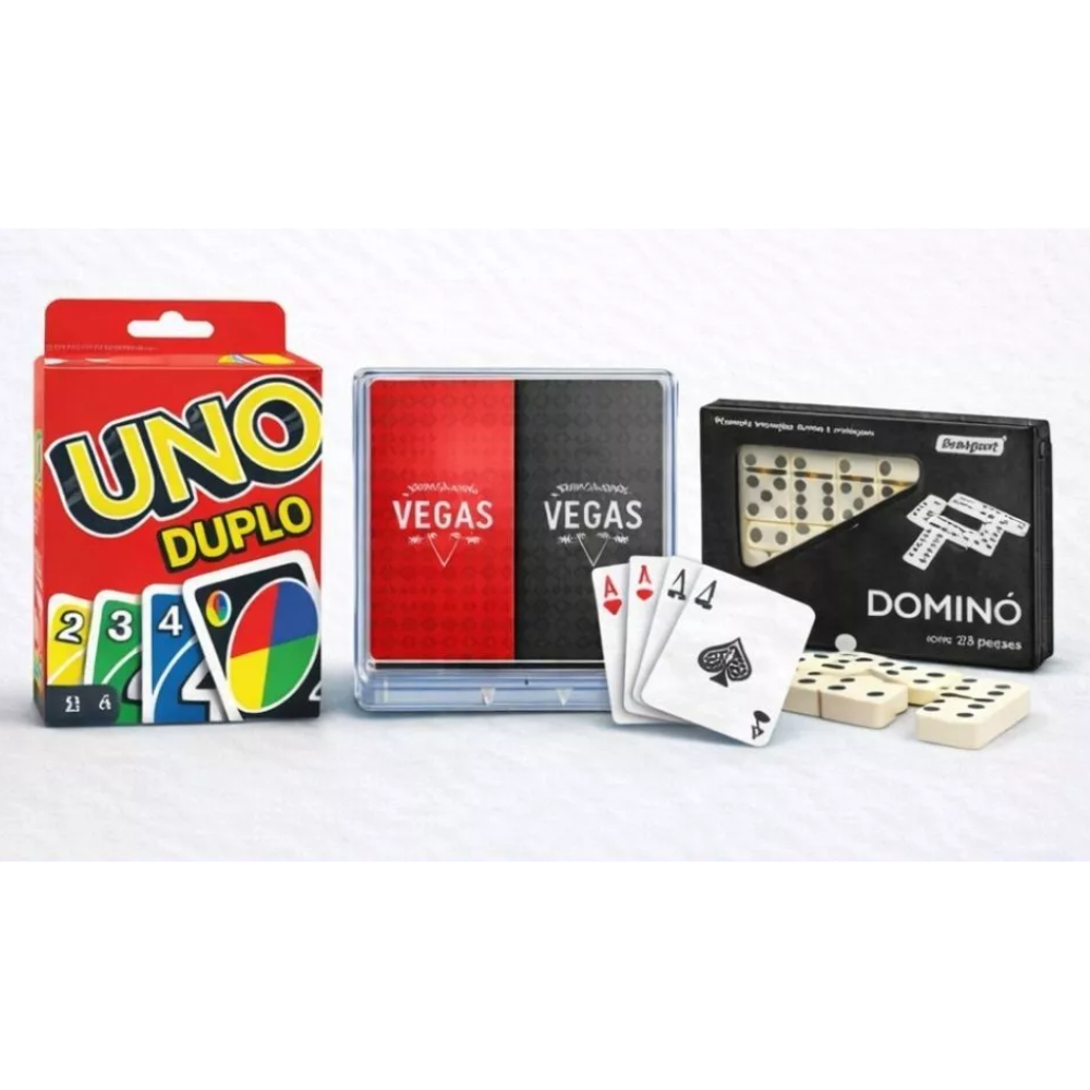 Jogos de Mesa Uno Duplo 112 Cartas Baralho Duplo 108 Cartas Dominó 28 Peças Escolha seu Jogo ou Kit