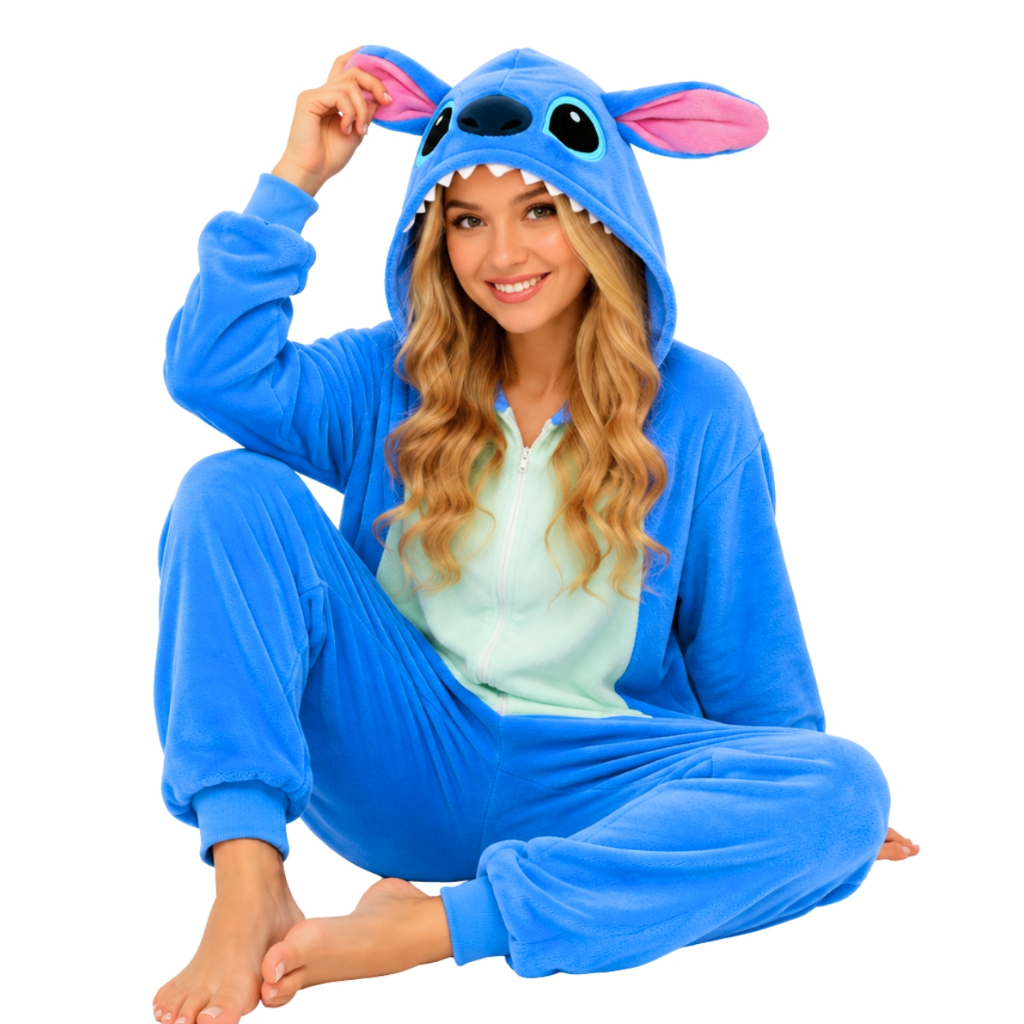 Pijama Stitch Angel Feminino Masculino Longo Zíper Quentinho e Peluciado