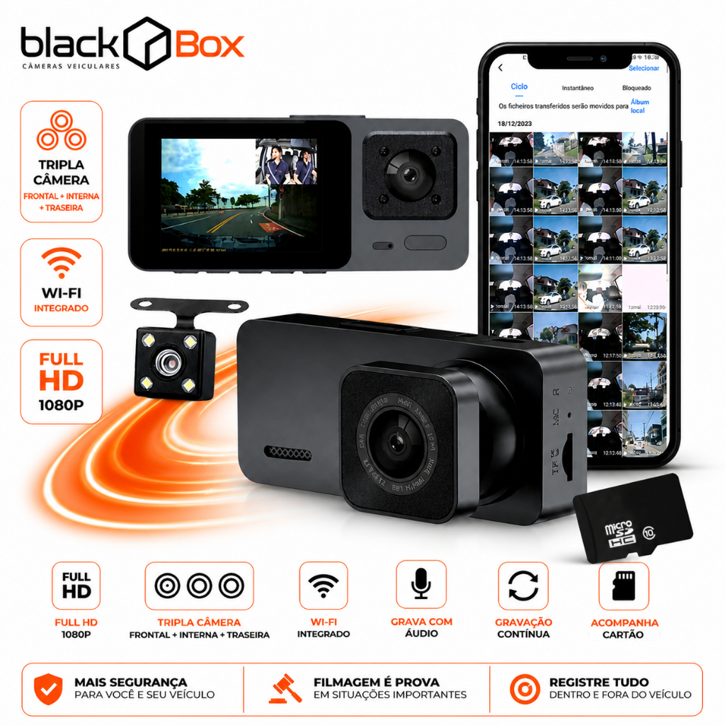 Black Box GP3 - Câmera Veicular Wifi Tripla Interna Traseira Full HD (Automotiva Carro Uber App)