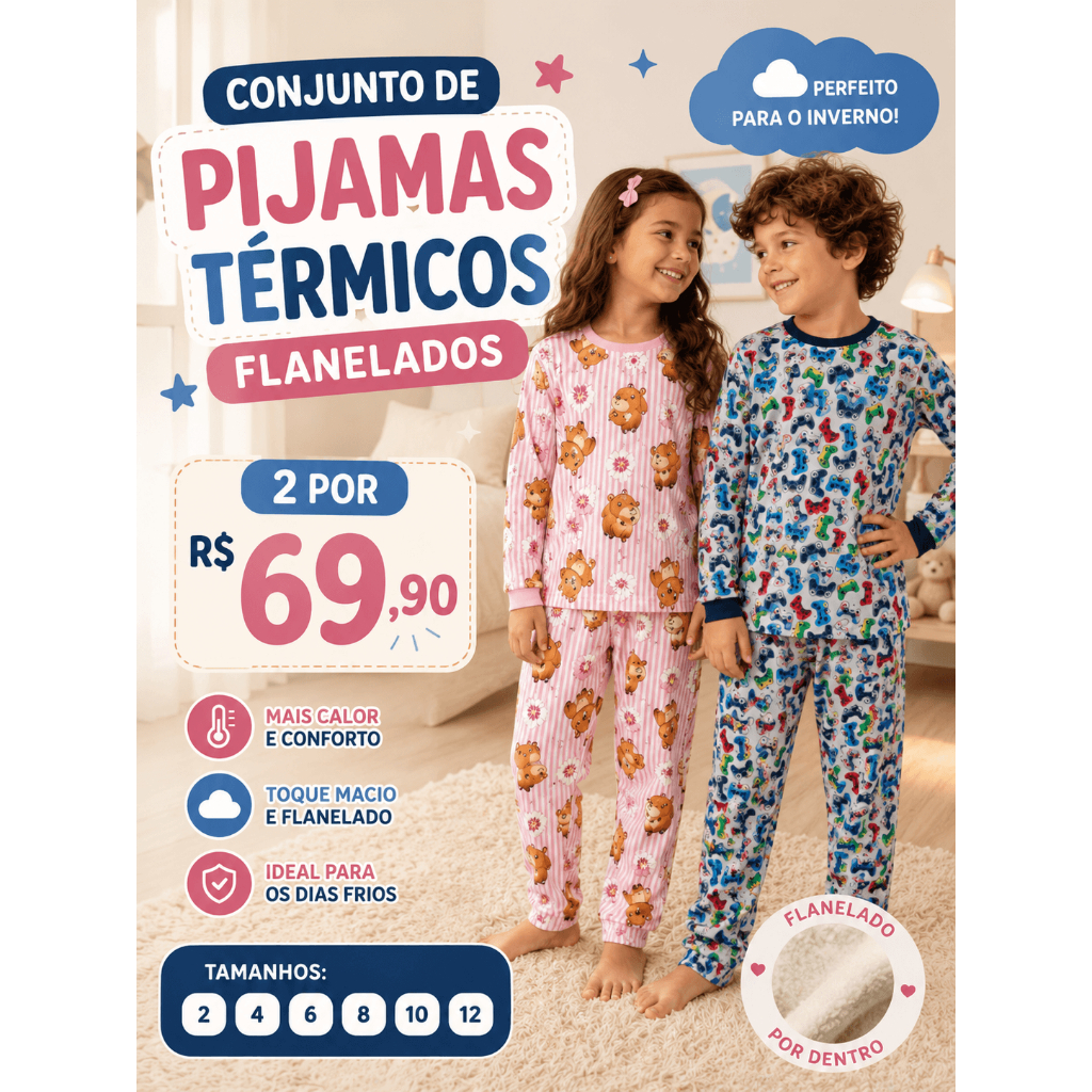 Kit C/ 2 Conjuntos de Pijama: 2 Blusas + 2 Calças Térmicos Peluciados Flanelados Estampados Para Menino e Menina Inverno