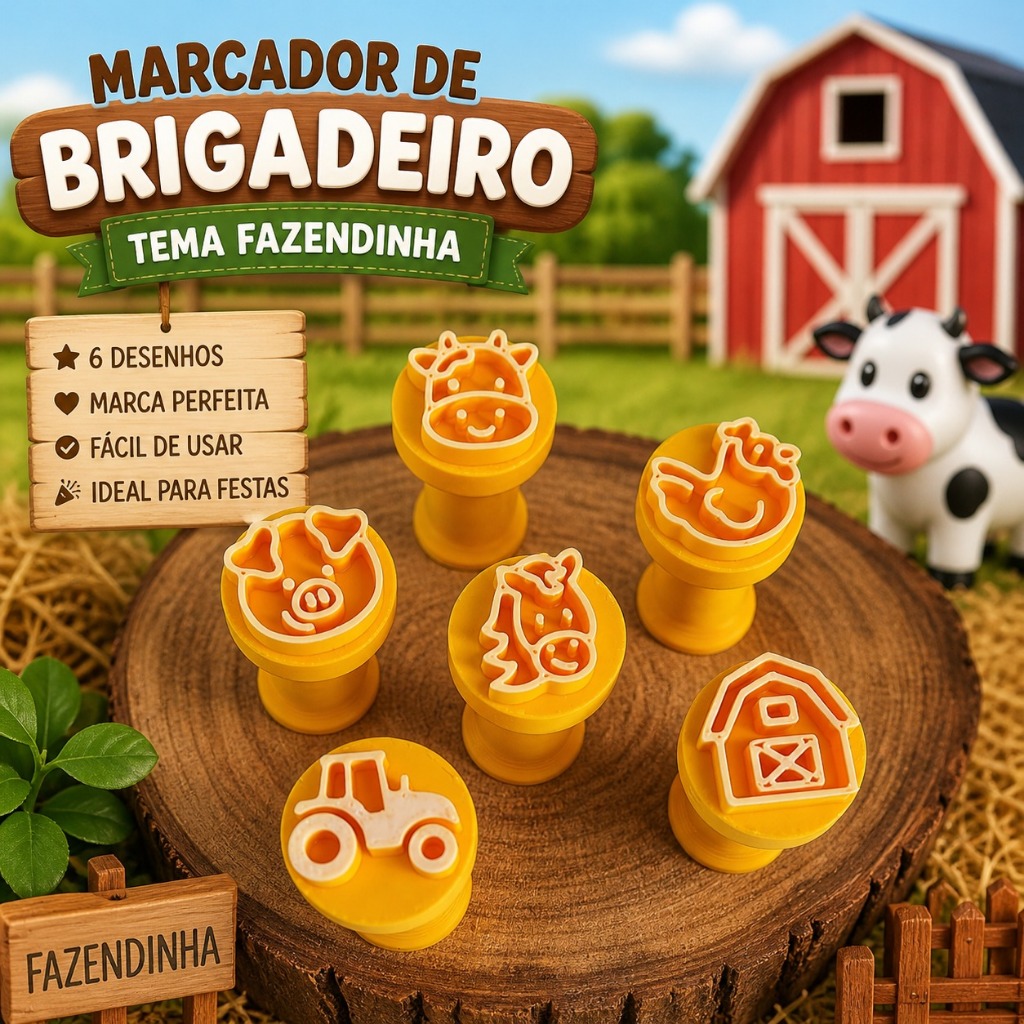 Marcador de Brigadeiro Fazendinha 6 Peças | Carimbos para Docinhos Tema Fazenda