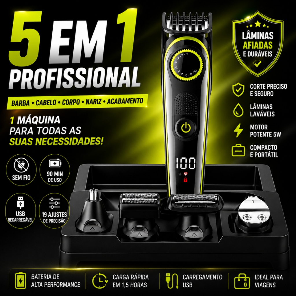 Barbeador Elétrico 5 Em 1 Sem Fio Recarregável Aparador Barba Cabelo Nariz Máquina Profissional USB Bivolt Original
